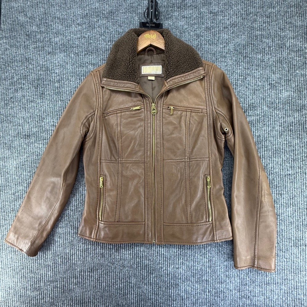 Michael Kors Leather Jacket Womens Large Brown Good Sherpa Collar Moto Coat